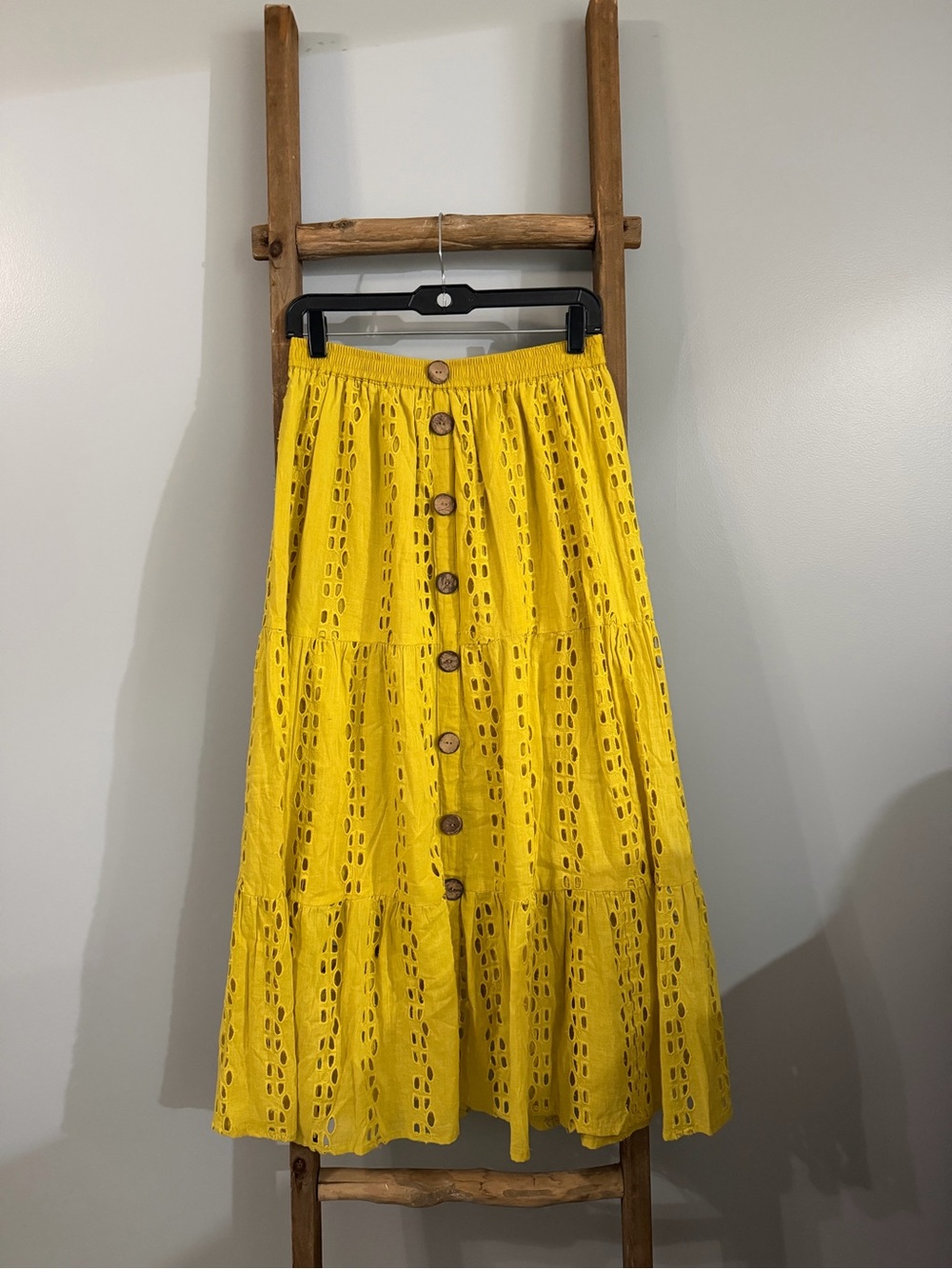 Sunny Yellow Eyelet Tiered Midi Skirt with Button Front